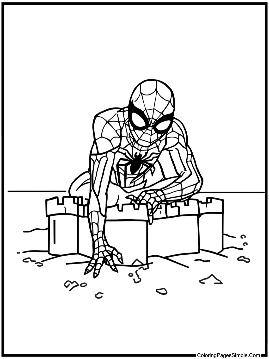 Spider Man Coloring Page building a sandcastle
