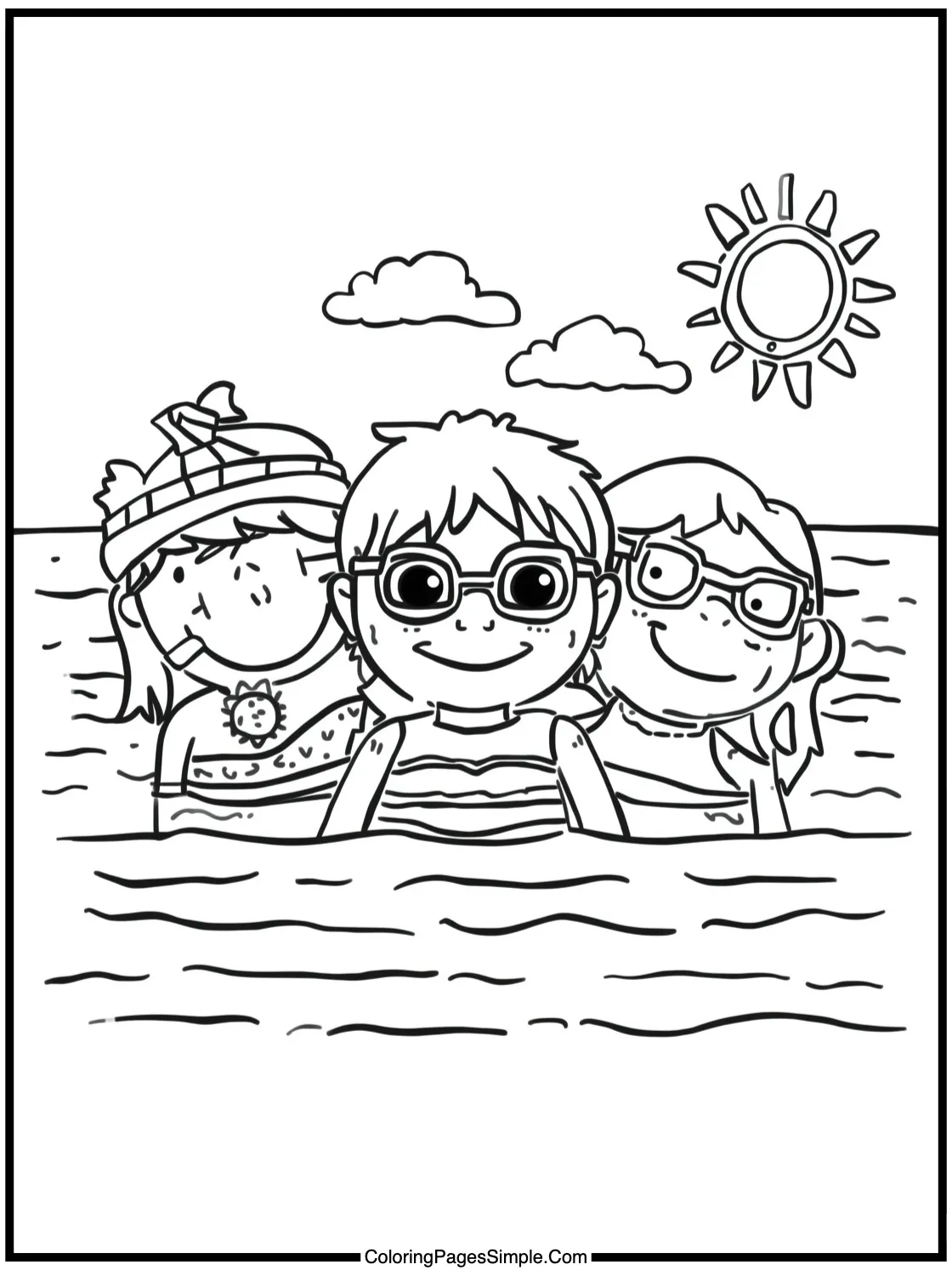Summer Coloring Page happy kids swimming