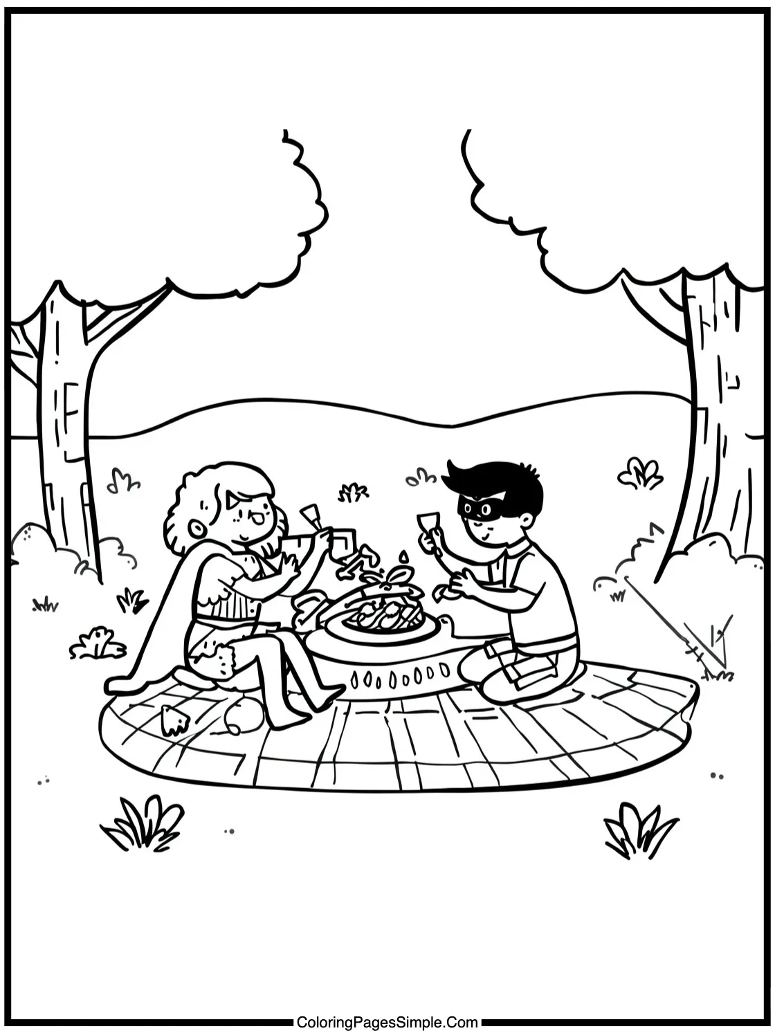 Superhero Coloring Page enjoying a picnic