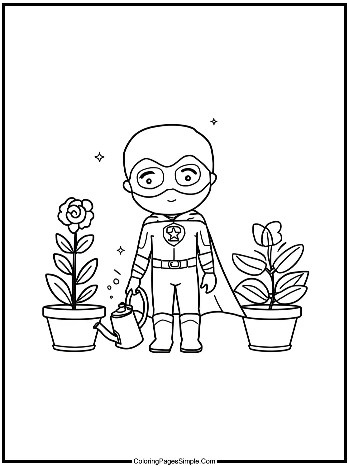Superhero Coloring Page watering plants