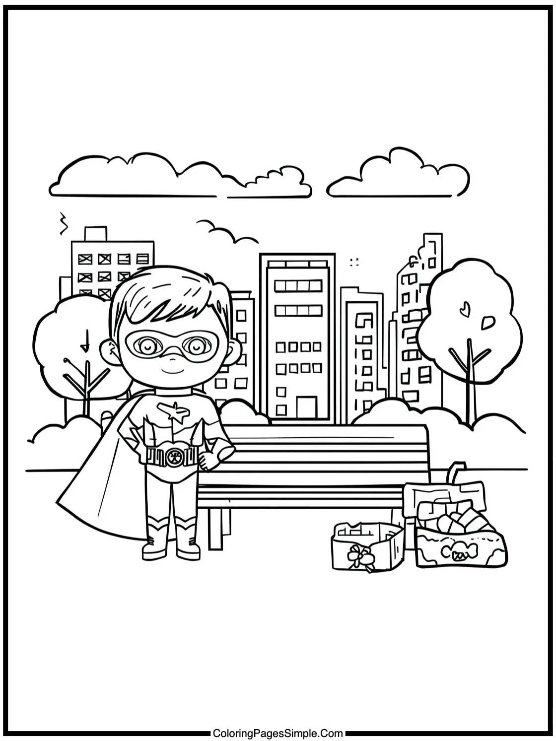 Superhero Coloring Page visiting a park