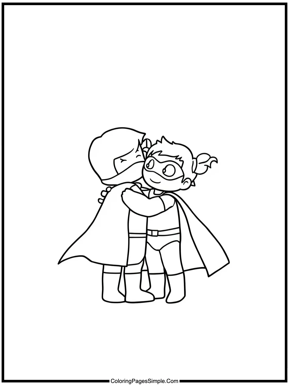 Superhero Coloring Page giving a hug