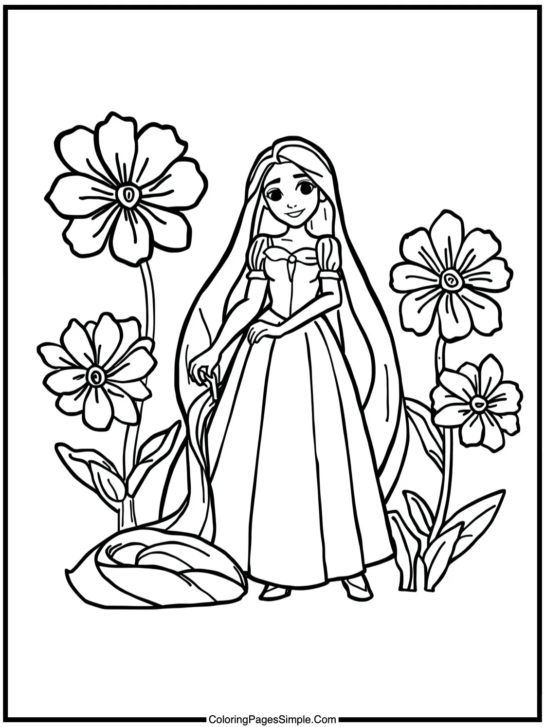 Tangled Coloring Page Rapunzel painting flowers.