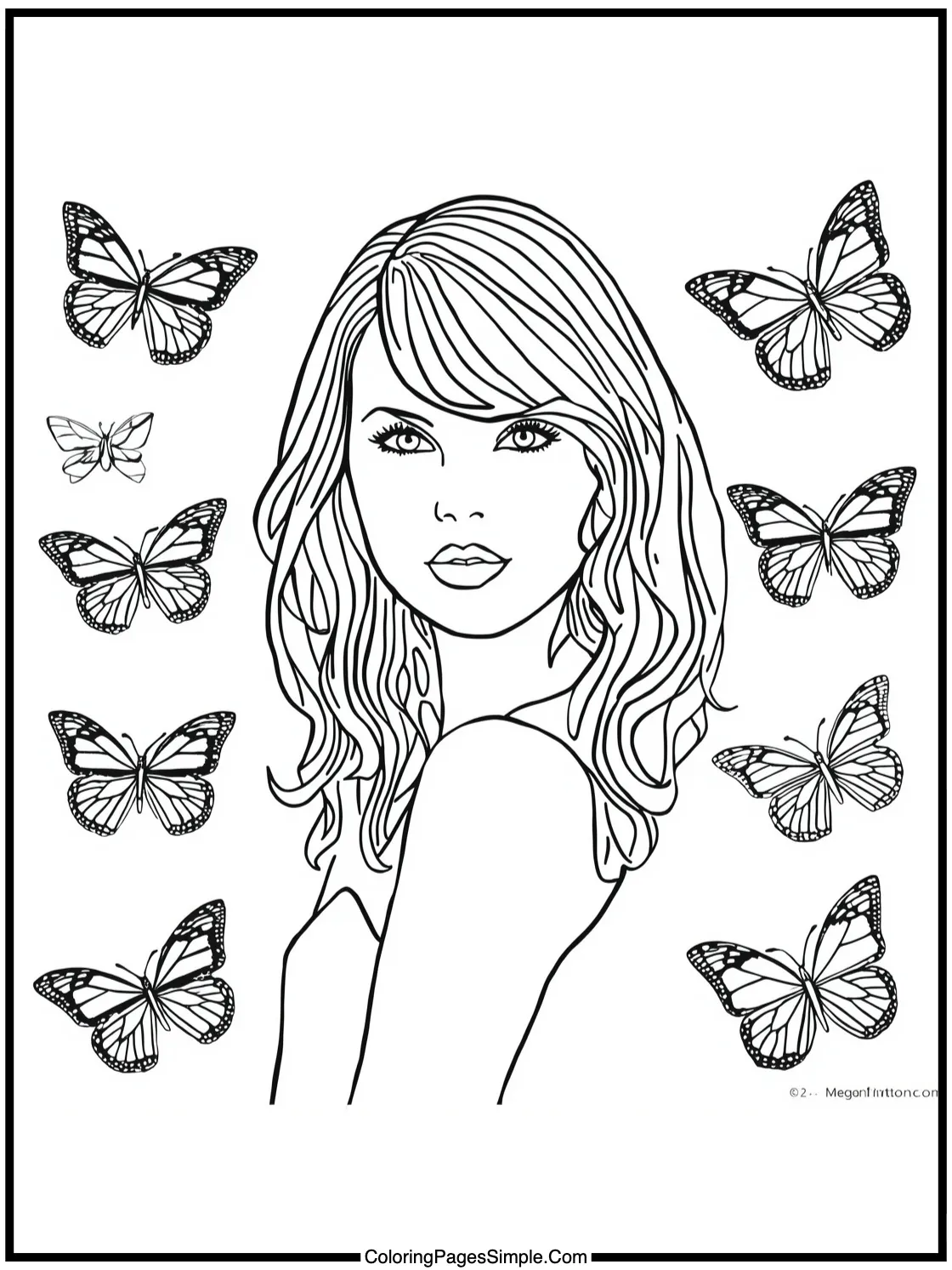 Taylor Swift Coloring Page surrounded by butterflies